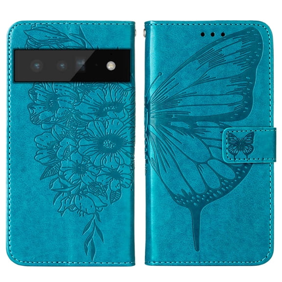 Allytech Case for Google Pixel 6 Pro,Shockproof Butterfly & Flower Embossed Pattern PU Leather Wallet Case with Card Slots Magnetic Flip Kickstand Phone Cover with Wrist Strap,Blue