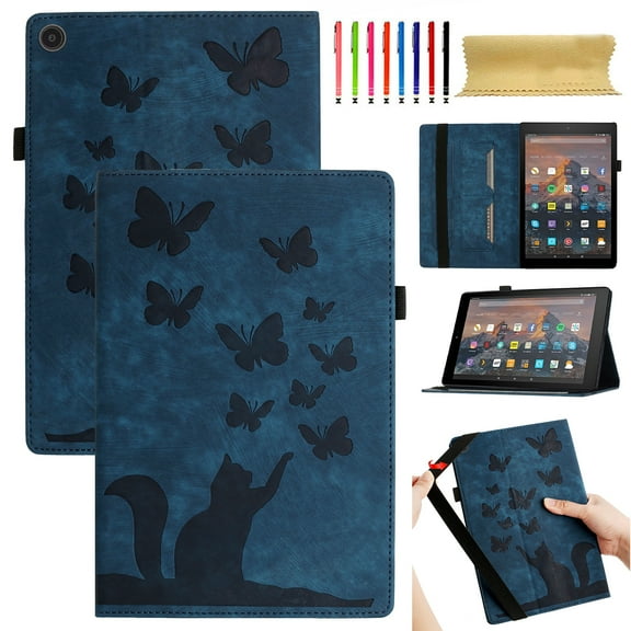 Allytech Case for Kindle Fire HD 10 Tablet 10.1" (9th/7th/5th Generation,2019/2017/2015) with Pen Holder & Card Pocket, Auto Sleep Wake Multi-Angle Viewing Shockproof Soft TPU Back Cover, Darkblue