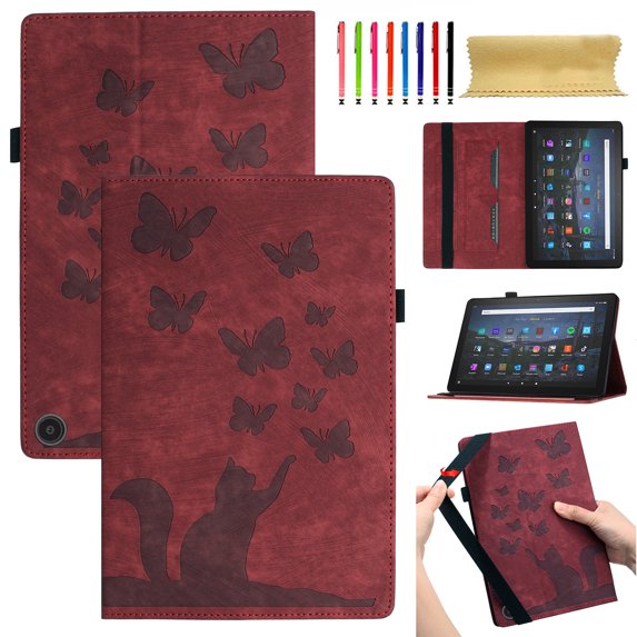 Allytech Case for Kindle Fire HD 8 & 8 Plus Tablet (12th Gen 2022 & 10th Gen 2020 Release) with Pen Holder & Card Pocket, Auto Sleep Wake Multi-Angle Viewing Shockproof Soft TPU Back Cover, Winered