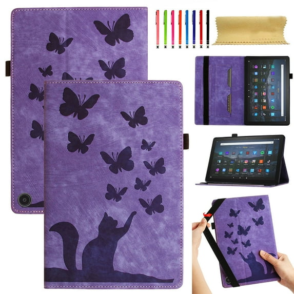 Allytech Case for Kindle Fire HD 8 & 8 Plus Tablet (12th Gen 2022 & 10th Gen 2020 Release) with Pen Holder & Card Pocket, Auto Sleep Wake Multi-Angle Viewing Shockproof Soft TPU Back Cover, Purple