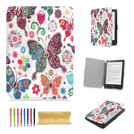 Allytech Case for Kobo Clara HD 6" 2018 eReader, Stand Auto Wake Sleep Flip PU Leather Stand Case Protective Cover for Kobo Clara HD, Butterfly Flower