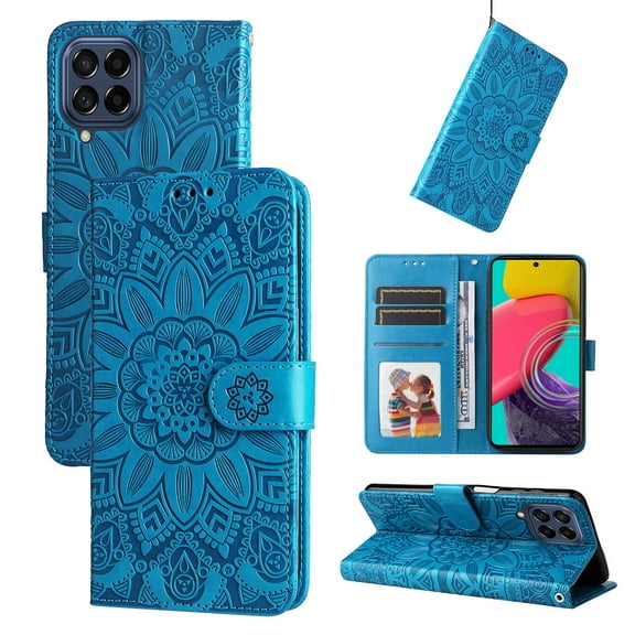 Allytech Case for Samsung Galaxy A12,Magnetic Flower Patterned Leather Wallet Case with Strap Hybrid Rubber Kickstand Cover For Samsung Galaxy A12,Blue
