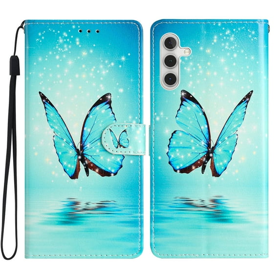 Allytech Case for Samsung Galaxy A14 5G 6.6" 2023, Premium PU Leather Anti-Scratch Hands Free Kickstand Hand Strap Credit Card Slots Case for Galaxy A14 5G, Blue Butterfly