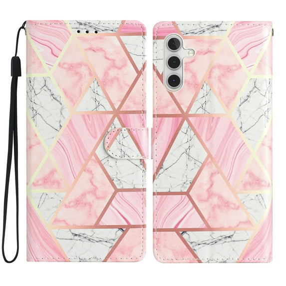 Allytech Case for Samsung Galaxy A14 5G 6.6" 2023, Premium PU Leather Anti-Scratch Hands Free Kickstand Hand Strap Credit Card Slots Case for Galaxy A14 5G, Pink Marble