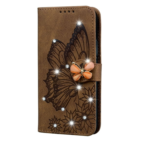 Allytech Case for Samsung Galaxy A21S, SM-A217M Case and Cover, Bling Glitter Magnetic Closure PU Leather Wallet Kickstand Shockproof Protective Phone Case for Galaxy A21S 6.5 inch, Brown