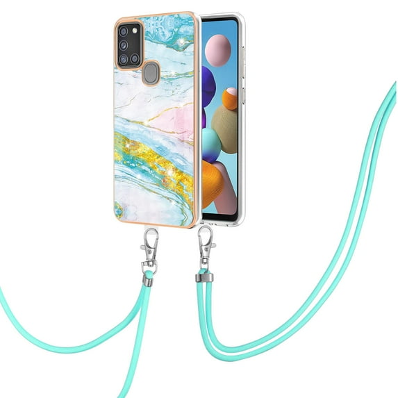 Allytech Case for Samsung Galaxy A21s, Galaxy A21S Case Cover, Luxury Marble Serious Rubber Shock-absorbing Drop Protection With Shoulder Strap Lanyard Case Cover for Samsung Galaxy A21s, Green Pink