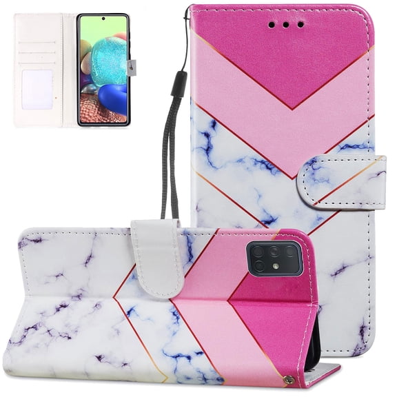 Allytech Case for Samsung Galaxy A51 4G Version(NOT Fit A51 5G), Card Holder Kickstand Anti-Scratch Magnet Closure Wrist Strap PU Leather Protective Cover for Galaxy A51 4G 6.5", Pink White Marble