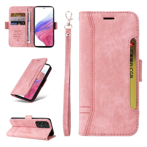 Allytech Case for Samsung Galaxy A53 5G,PU Leather Wallet Cover with ID Credit Card Slots,Magnetic Buckle Flip Stand Shock Absorption Protective Phone Case + Wrist Strap,Pink