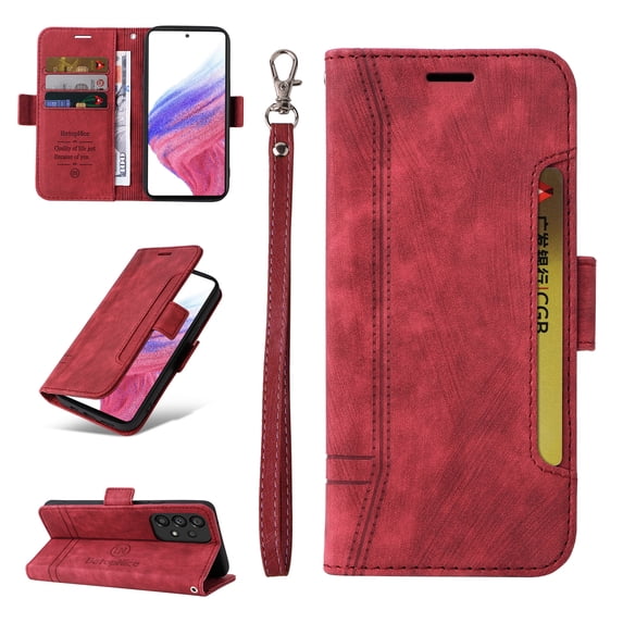 Allytech Case for Samsung Galaxy A53 5G,PU Leather Wallet Cover with ID Credit Card Slots,Magnetic Buckle Flip Stand Shock Absorption Protective Phone Case + Wrist Strap,Red