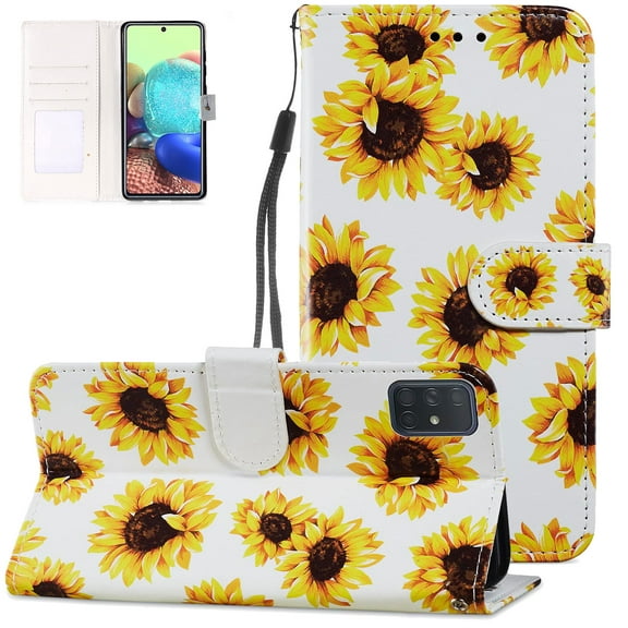 Allytech Case for Samsung Galaxy A71 4G Version(NOT Fit A71 5G), Card Holder Kickstand Anti-Scratch Magnet Closure Wrist Strap PU Leather Protective Cover for Galaxy A71 4G 6.7", Sunflower