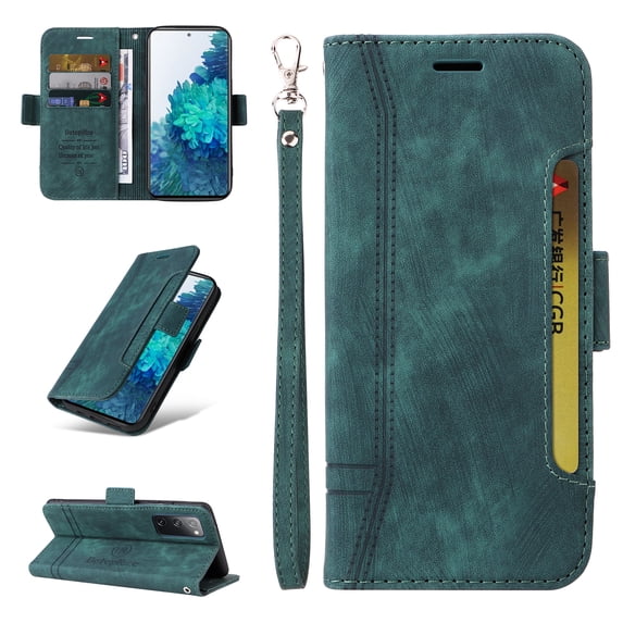 Allytech Case for Samsung Galaxy S20 FE/Lite,PU Leather Wallet Cover with ID Credit Card Slots,Magnetic Buckle Flip Stand Shock Absorption Protective Phone Case + Wrist Strap,Green