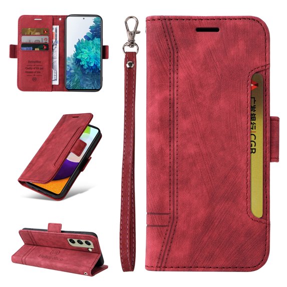 Allytech Case for Samsung Galaxy S21 FE 5G,PU Leather Wallet Cover with ID Credit Card Slots,Magnetic Buckle Flip Stand Shock Absorption Protective Phone Case + Wrist Strap,Red