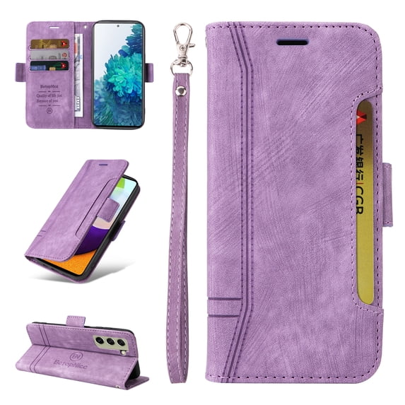 Allytech Case for Samsung Galaxy S21 FE 5G,PU Leather Wallet Cover with ID Credit Card Slots,Magnetic Buckle Flip Stand Shock Absorption Protective Phone Case + Wrist Strap,Purple