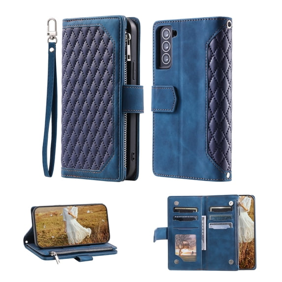 Allytech Case for Samsung Galaxy S21,PU Leather Zipper Wallet with Card Slots Shockproof Crossbody Magnetic Flip Holder Phone Cover with Shoulder/Wrist Strap,Blue