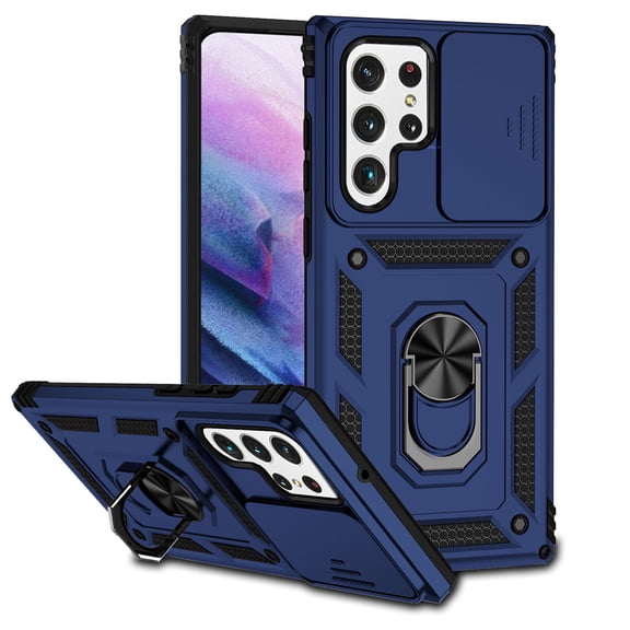 Allytech Case for Samsung Galaxy S22 Ultra 5G 2022, Ring Holder Magnetic Kickstand Dual Layer Cover with PC Back Slide Camera Lens Window Case for Galaxy S22 Ultra 6.8" 5G 2022 Released, Blue