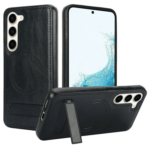 Allytech Case for Samsung Galaxy S23, Hidden Kickstand PU Leather [Compatible with MagSafe] Case, [Anti-Drop & Shockproof] Ultra Slim Retro Protective Case for Women Men - Black