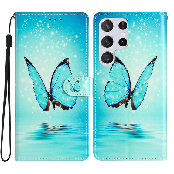 Allytech Case for Samsung Galaxy S23 Ultra 6.8" 2023, Premium PU Leather Anti-Scratch Hands Free Kickstand Hand Strap Credit Card Slots Case for Galaxy S23 Ultra 5G, Blue Butterfly