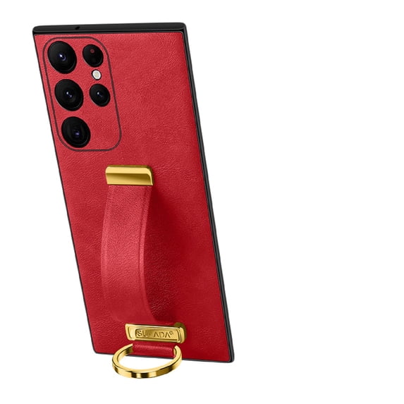 Allytech Case for Samsung Galaxy S25 Ultra with Wristband & Ring Holder, Luxury PU Leather Screen Lens Protection Shockproof Anti-Scratch Slim Cover Case for Women Men - Red