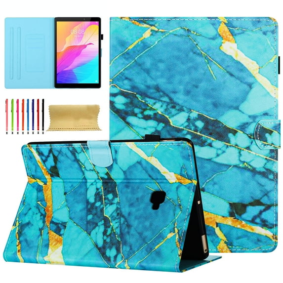 Allytech Case for Samsung Galaxy Tab A 10.1" 2016 (SM-T580 / SM-T585) with Pen Holder & Card Slots, Multi-Angle Viewing Stand PU Leather Auto Sleep Wake Shockproof Flip Case, Gold Blue Marble