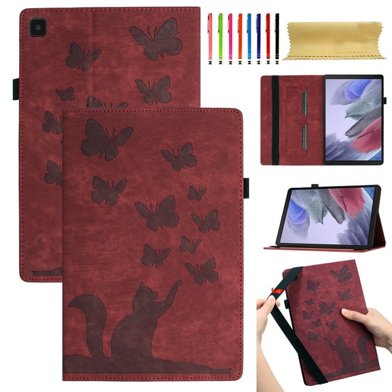 Allytech Case for Samsung Galaxy Tab A7 Lite 8.7 inch 2021 (Model SM-T220/T225/T227) with Pen Holder & Card Pocket, Multi-Angle Viewing Shockproof Slim Soft TPU Back Cover Case, Winered