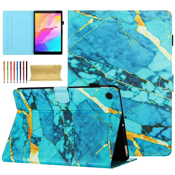 Allytech Case for Samsung Galaxy Tab A8 10.5 Inch 2022 (SM-X200 / SM-X205) with Pen Holder & Card Slots, Multi-Angle Viewing Stand PU Leather Auto Sleep Wake Shockproof Flip Case, Gold Blue Marble