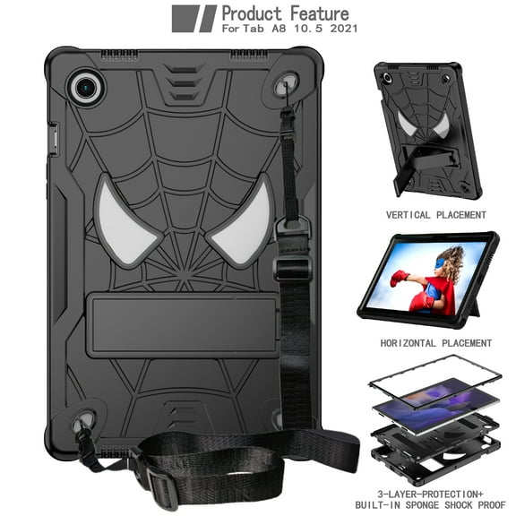 Allytech Case for Samsung Galaxy Tab A8 10.5 Inch 2022 (SM-X200 / SM-X205), Rugged Case with Hidden Kickstand & Adjustable Shoulder Strap, Thickned Silicon Edges Shockproof Case - Black
