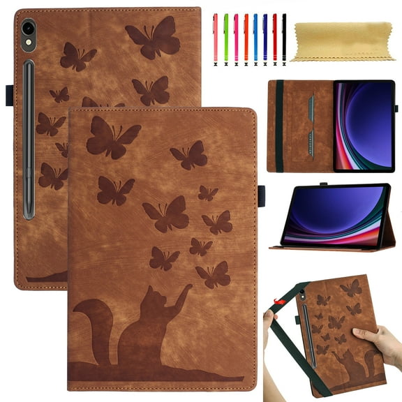 Allytech Case for Samsung Galaxy Tab S9 FE/S9 11.0" 2023 (SM-X510/X516B/X518U/X710/X716B/X718U) with Pen Holder & Card Pocket, Kickstand Multi-Angle Viewing Shockproof Soft TPU Back Cover, Brown