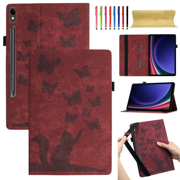 Allytech Case for Samsung Galaxy Tab S9 FE/S9 11.0" 2023 (SM-X510/X516B/X518U/X710/X716B/X718U) with Pen Holder & Card Pocket, Kickstand Multi-Angle Viewing Shockproof Soft TPU Back Cover, Winered