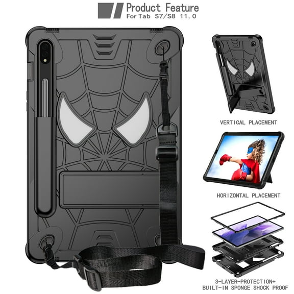 Allytech Case for Samsung Galaxy Tab S9/S8/S7 11 inch 2023/2022/2020, Rugged Case with Hidden Kickstand & Adjustable Shoulder Strap, Thickned Silicon Edges Shockproof Case - Black