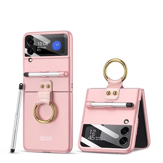 Allytech Case for Samsung Galaxy Z Flip 3 Cover with Pen, Ultra Thin Matte PC Protective Cover with Ring Holder 9H Glass All-Inclusive Camera Lens Protector Case for Galaxy Z Flip3 5G 2021, Pink
