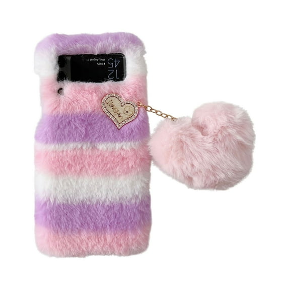 Allytech Case for Samsung Galaxy Z Flip 4 (2022), Cute Plush Handmade Case Fluffy Fur Winter Warm Fuzzy Folding Case Silicone Bumper Cover for Girls Women for Galaxy Z Flip 4 5G, White+Pink+Purple