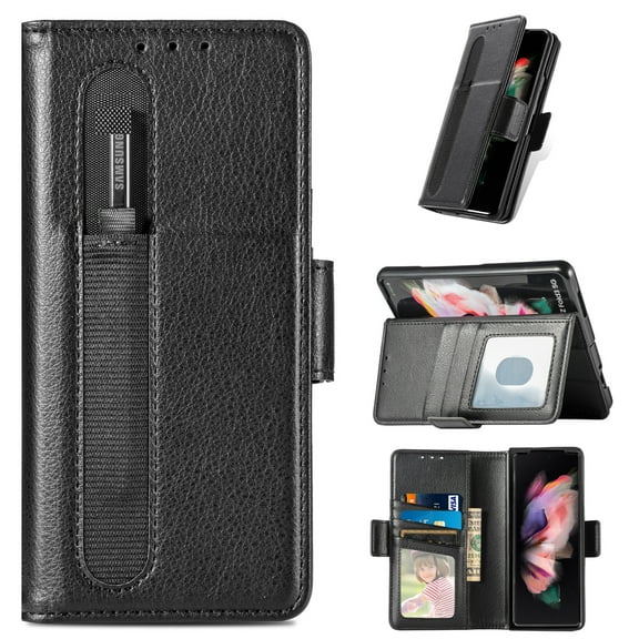 Allytech Case for Samsung Galaxy Z Fold 3 2021, Galaxy Z Fold 3 5G Cover 2021, Premium PU Leather + PC Frame Shockproof Anti-Drop Fold Kickstand Wallet Card Holder Case with Pen Holder, Black