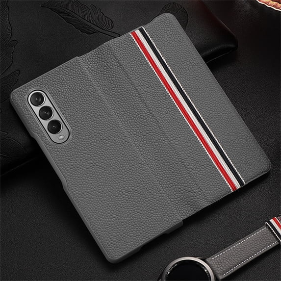 Allytech Case for Samsung Galaxy Z Fold 3 2021 Release 7.6", Ultra-thin Retro Business Case Shockproof Secure Wrap Leather Taxture Elegant Drop Resisttant Case for Samsung Z Fold 3, Gray Color Bar