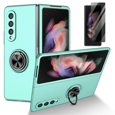 Allytech Case for Samsung Galaxy Z Fold 3 5G 2021, Samsung Z Fold 3 Case with Front Privacy Tempered Glass Screen Protector, 360°Ring Holder Stand Magnetic All-Inclusive Protective Shell, Skyblue