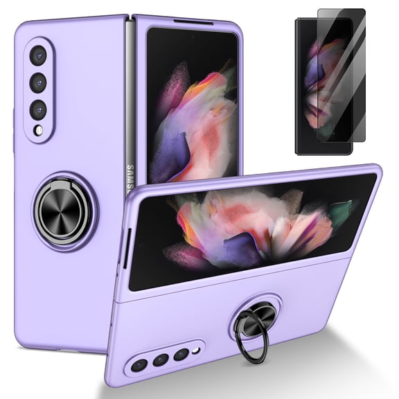 Allytech Case for Samsung Galaxy Z Fold 3 5G 2021, Samsung Z Fold 3 Case with Front Privacy Tempered Glass Screen Protector, 360°Ring Holder Stand Magnetic All-Inclusive Protective Shell, Purple