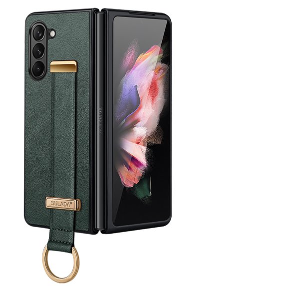 Allytech Case for Samsung Galaxy Z Fold6 with Wristband & Ring Holder, Luxury PU Leather Screen Lens Protection Shockproof Anti-Scratch Slim Cover Case for Women Men - Darkgreen