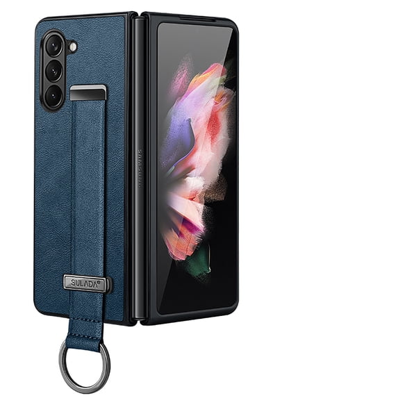 Allytech Case for Samsung Galaxy Z Fold6 with Wristband & Ring Holder, Luxury PU Leather Screen Lens Protection Shockproof Anti-Scratch Slim Cover Case for Women Men - Darkblue