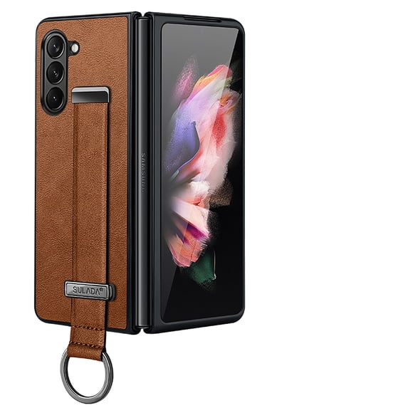 Allytech Case for Samsung Galaxy Z Fold6 with Wristband & Ring Holder, Luxury PU Leather Screen Lens Protection Shockproof Anti-Scratch Slim Cover Case for Women Men - Brown