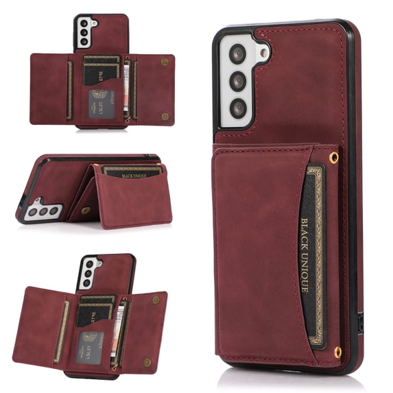 Allytech Case for Samsung S21 Plus 5G 6.7" 2021, Galaxy S21 Plus Case with Card Holder Slots, Durable PU Leather Magnetic Snap Shock-Absorbing Wallet Case with Stand for Samsung Galaxy S21+, Winered