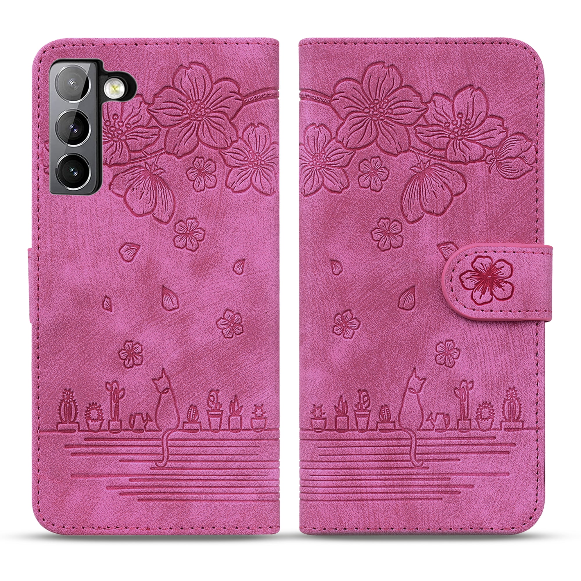 Allytech Case for Samsung S22 Cell Phone, Embossed Flip PU Leather Drop Protection Slim Wallet Case with Card Slot Holder Magnetic Buckle Cover for Samsung Galaxy S22 5G 6.1 inch, Rose
