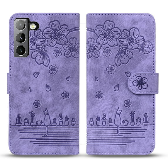 Allytech Case for Samsung S22 Cell Phone, Embossed Flip PU Leather Drop Protection Slim Wallet Case with Card Slot Holder Magnetic Buckle Cover for Samsung Galaxy S22 5G 6.1 inch, Purple