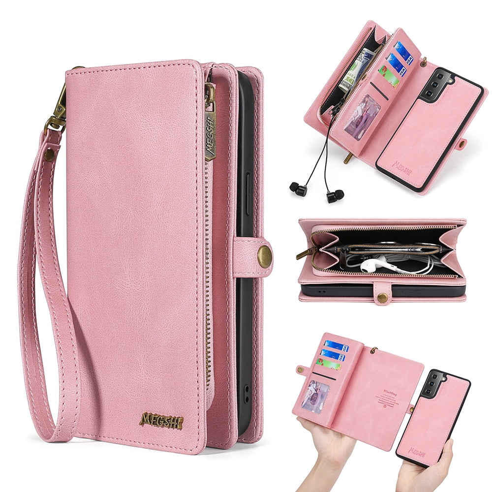 Allytech Case for Samsung S22 Cover for Galaxy S22 2022(6.1"), Durable PU Leather Magnetic Flip Lanyard Wristlet Strap Zipper Card Holder Phone Wallet Case for Galaxy S22 [5G], Pink