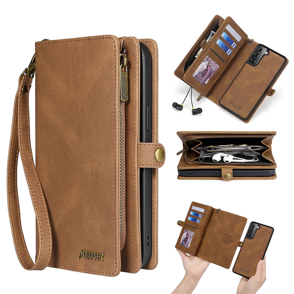 Allytech Case for Samsung S22 Cover for Galaxy S22 2022(6.1"), Durable PU Leather Magnetic Flip Lanyard Wristlet Strap Zipper Card Holder Phone Wallet Case for Galaxy S22 [5G], Brown