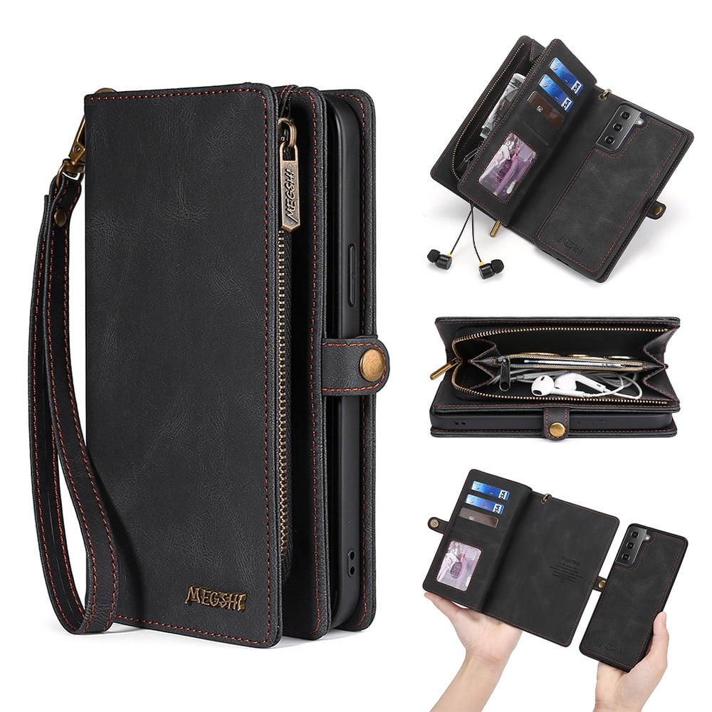 Allytech Case for Samsung S22 Cover for Galaxy S22 2022(6.1"), Durable PU Leather Magnetic Flip Lanyard Wristlet Strap Zipper Card Holder Phone Wallet Case for Galaxy S22 [5G], Black