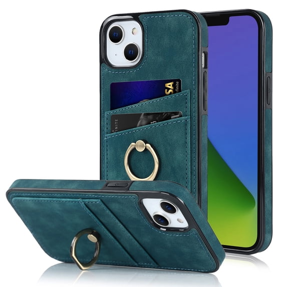 Allytech Case for Apple iPhone 14,Drop Protection Retro PU Leather ID Credit Card Slots Portable Rotatable Finger Ring Holder Phone Cover,Blue