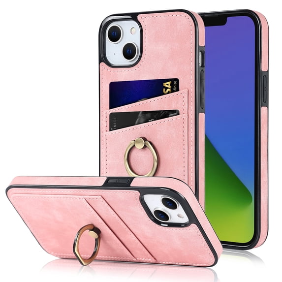 Allytech Case for Apple iPhone 14,Drop Protection Retro PU Leather ID Credit Card Slots Portable Rotatable Finger Ring Holder Phone Cover,Pink