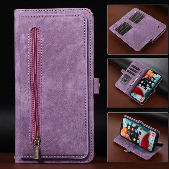Allytech Case for Samsung Galaxy A33 5G,Retro Leather Magnetic Folio Flip Holder 9 ID Card Slots Multifunctional Zipper Wallet Phone Case,Purple