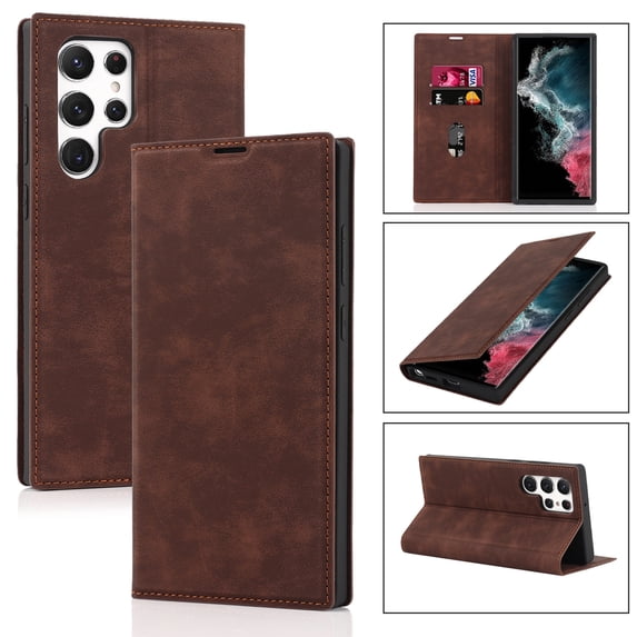 Allytech Case for Samsung Galaxy S22 Ultra with RFID Blocking Card Slots, Matte PU Leather Flip Wallet Case with Magnetic Closure, Coffee