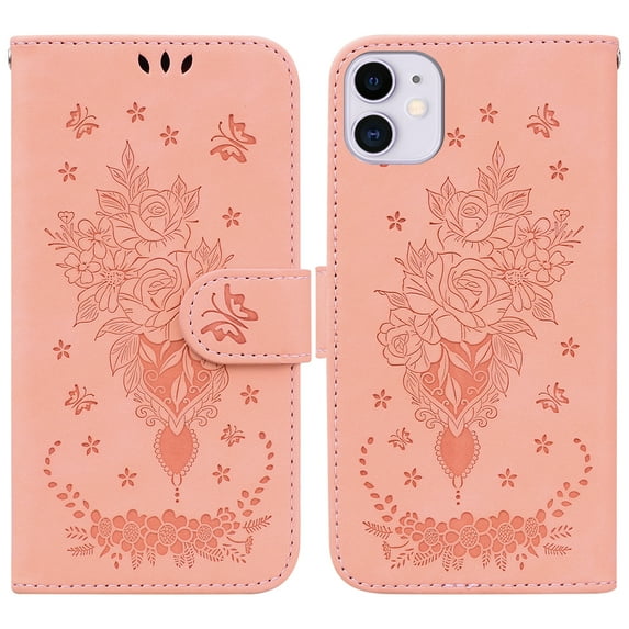 Allytech Case for iPhone 11, Card Holder PU Leather with Strap Emboss Flip Magnetic Kickstand Case Cover (6.1 inch),Pink
