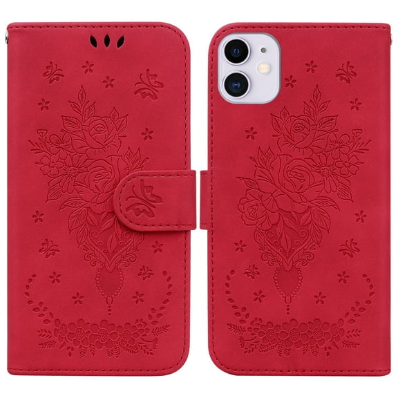 Allytech Case for iPhone 11, Card Holder PU Leather with Strap Emboss Flip Magnetic Kickstand Case Cover (6.1 inch),Red